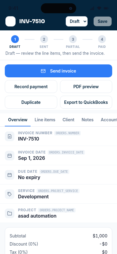 SHINES OS Field invoice detail showing send invoice, record payment, PDF preview, duplicate and QuickBooks export actions.