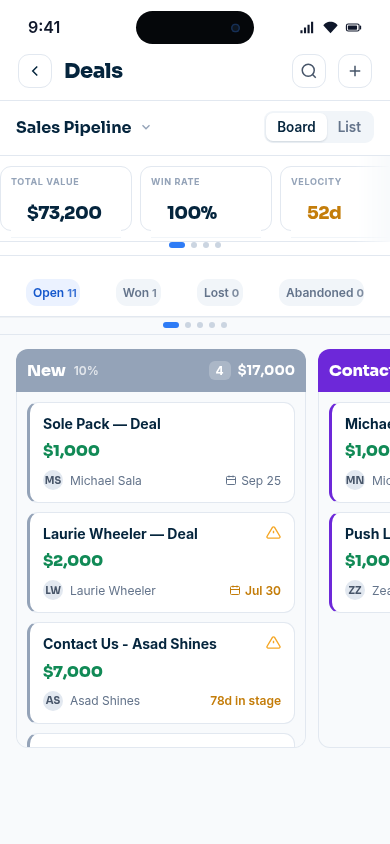 SHINES OS Field Deal Pipeline board showing stage columns, deal values, win rate, velocity and deal cards.
