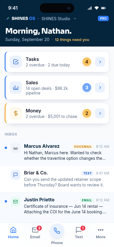 SHINES OS Field mobile home screen showing tasks, sales, money and a unified inbox.